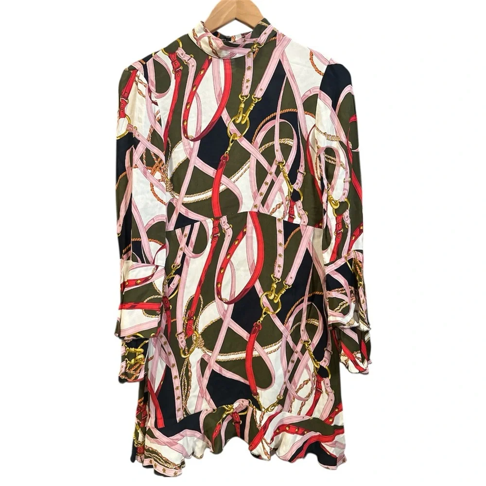 Zara Black, Pink, Red & Olive Chain-Print Mini Dress - Picture 2 of 7